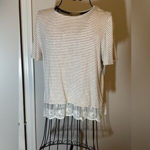 Alterd State beige Striped Tee with Lace Hem